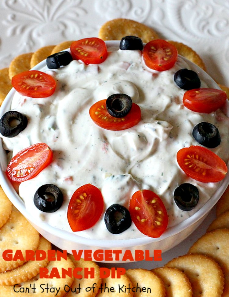 Garden Vegetable Ranch Dip | Can't Stay Out of the Kitchen | this quick & easy 6-ingredient #recipe is the perfect dip for #tailgating parties, potlucks or the #SuperBowl! You can whip this up in 5 minutes. Our company raved over this delicious #appetizer. Includes #RanchDressingMix, #olives & #tomatoes. #HiddenVallenRanchDressingMix #holiday #HolidayAppetizer #GardenVegetableRanchDip