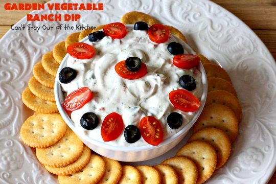 Garden Vegetable Ranch Dip | Can't Stay Out of the Kitchen | this quick & easy 6-ingredient #recipe is the perfect dip for #tailgating parties, potlucks or the #SuperBowl! You can whip this up in 5 minutes. Our company raved over this delicious #appetizer. Includes #RanchDressingMix, #olives & #tomatoes. #HiddenVallenRanchDressingMix #holiday #HolidayAppetizer #GardenVegetableRanchDip