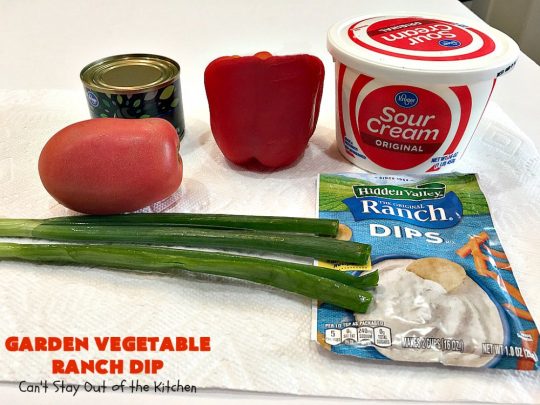 Garden Vegetable Ranch Dip | Can't Stay Out of the Kitchen | this quick & easy 6-ingredient #recipe is the perfect dip for #tailgating parties, potlucks or the #SuperBowl! You can whip this up in 5 minutes. Our company raved over this delicious #appetizer. Includes #RanchDressingMix, #olives & #tomatoes. #HiddenVallenRanchDressingMix #holiday #HolidayAppetizer #GardenVegetableRanchDip