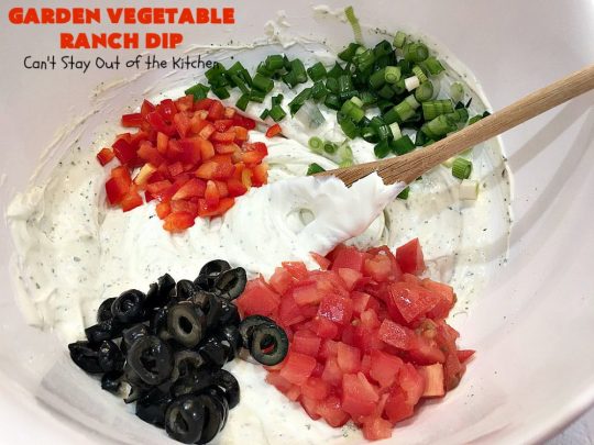 Garden Vegetable Ranch Dip | Can't Stay Out of the Kitchen | this quick & easy 6-ingredient #recipe is the perfect dip for #tailgating parties, potlucks or the #SuperBowl! You can whip this up in 5 minutes. Our company raved over this delicious #appetizer. Includes #RanchDressingMix, #olives & #tomatoes. #HiddenVallenRanchDressingMix #holiday #HolidayAppetizer #GardenVegetableRanchDip