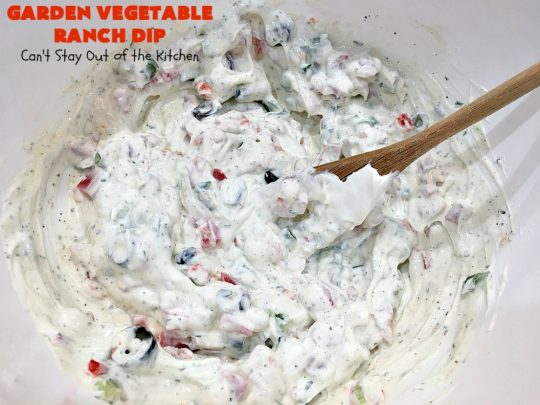 Garden Vegetable Ranch Dip | Can't Stay Out of the Kitchen | this quick & easy 6-ingredient #recipe is the perfect dip for #tailgating parties, potlucks or the #SuperBowl! You can whip this up in 5 minutes. Our company raved over this delicious #appetizer. Includes #RanchDressingMix, #olives & #tomatoes. #HiddenVallenRanchDressingMix #holiday #HolidayAppetizer #GardenVegetableRanchDip