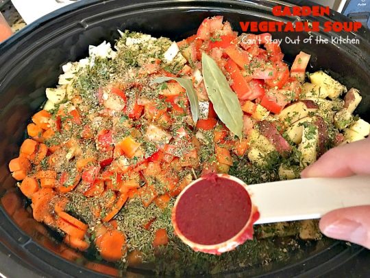 Garden Vegetable Soup | Can't Stay Out of the Kitchen | this delicious #soup is chocked full of veggies & so easy since it's made in the #crockpot. Healthy, low calorie, clean eating, #vegan & #glutenfree. #MeatlessMondays