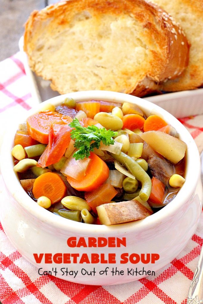 Garden Vegetable Soup | Can't Stay Out of the Kitchen | this delicious #soup is chocked full of veggies & so easy since it's made in the #crockpot. Healthy, low calorie, clean eating, #vegan & #glutenfree. #MeatlessMondays