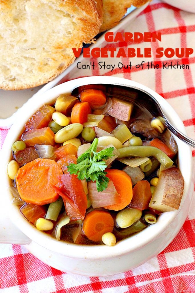 Garden Vegetable Soup | Can't Stay Out of the Kitchen | this delicious #soup is chocked full of veggies & so easy since it's made in the #crockpot. Healthy, low calorie, clean eating, #vegan & #glutenfree. #MeatlessMondays