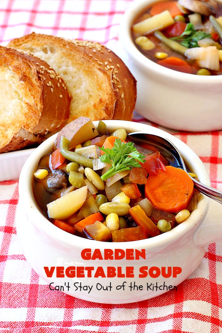 Garden Vegetable Soup | Can't Stay Out of the Kitchen | this savory & delicious #soup is chocked full of #veggies & so easy since it's made in the #crockpot. Enjoy a #LowCalorie comfort food meal with this tasty #recipe. #Healthy, #Clean Eating, #vegan & #GlutenFree. #MeatlessMondays #GardenVegetable Soup #SlowCooker #VegetableSoup #crockpot #EasyVegetableSoup