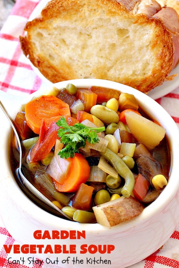 Garden Vegetable Soup | Can't Stay Out of the Kitchen | this delicious #soup is chocked full of veggies & so easy since it's made in the #crockpot. Healthy, low calorie, clean eating, #vegan & #glutenfree. #MeatlessMondays