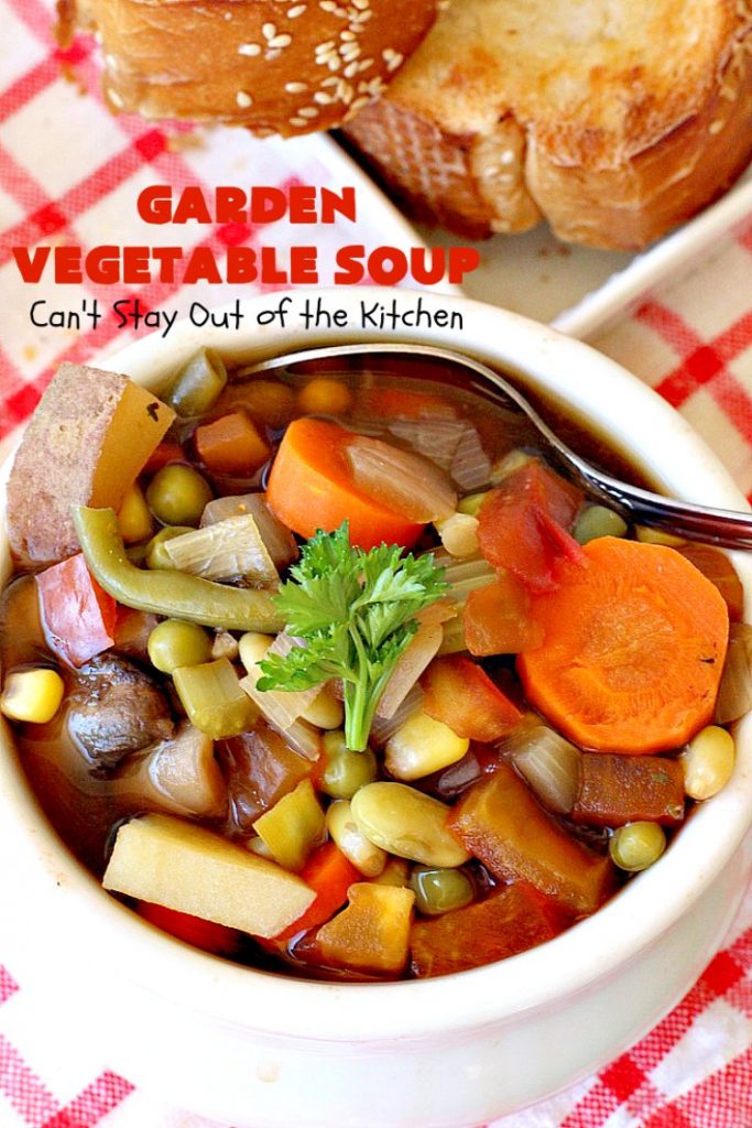 Garden Vegetable Soup | Can't Stay Out of the Kitchen | this delicious #soup is chocked full of veggies & so easy since it's made in the #crockpot. Healthy, low calorie, clean eating, #vegan & #glutenfree. #MeatlessMondays