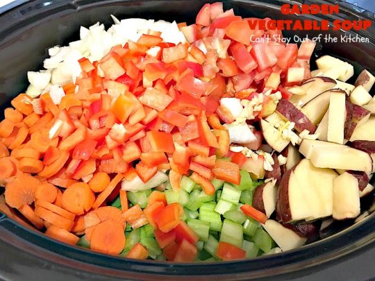 Garden Vegetable Soup | Can't Stay Out of the Kitchen | this delicious #soup is chocked full of veggies & so easy since it's made in the #crockpot. Healthy, low calorie, clean eating, #vegan & #glutenfree. #MeatlessMondays