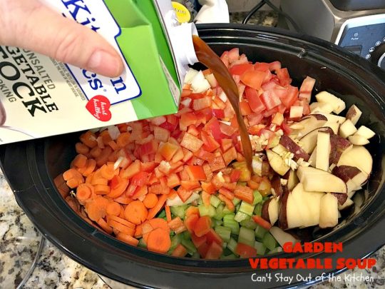 Garden Vegetable Soup | Can't Stay Out of the Kitchen | this delicious #soup is chocked full of veggies & so easy since it's made in the #crockpot. Healthy, low calorie, clean eating, #vegan & #glutenfree. #MeatlessMondays