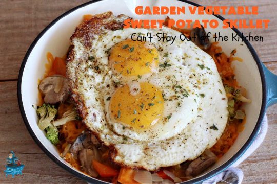 Garden Vegetable Sweet Potato Skillet | Can't Stay Out of the Kitchen | this is a fantastic #BreakfastSkillet #recipe that's #vegetarian. It includes lots of veggies including #SweetPotatoes, #tomatoes, #broccoli & #mushrooms along with #MontereyJack & #CheddarCheese. Along with #eggs this makes for one hearty, healthy and deliciously satisfying #breakfast entree. Great for a weekend, company or #holiday breakfast or #brunch. #SkilletBreakfast #HolidayBreakfast #MeatlessMonday #GlutenFree #GardenVegetableSweetPotatoSkillet