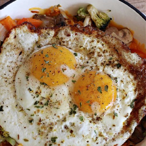 Garden Vegetable Sweet Potato Skillet | Can't Stay Out of the Kitchen | this is a fantastic #BreakfastSkillet #recipe that's #vegetarian. It includes lots of veggies including #SweetPotatoes, #tomatoes, #broccoli & #mushrooms along with #MontereyJack & #CheddarCheese. Along with #eggs this makes for one hearty, healthy and deliciously satisfying #breakfast entree. Great for a weekend, company or #holiday breakfast or #brunch. #SkilletBreakfast #HolidayBreakfast #MeatlessMonday #GlutenFree #GardenVegetableSweetPotatoSkillet