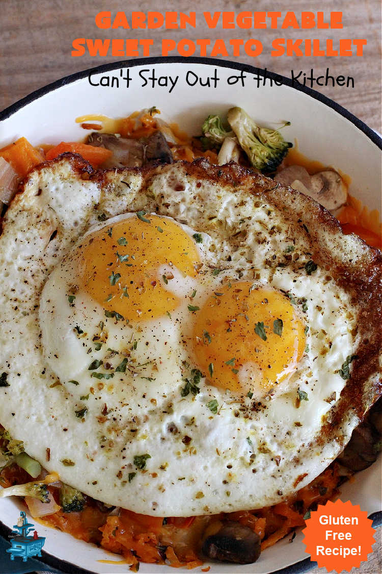 Garden Vegetable Sweet Potato Skillet | Can't Stay Out of the Kitchen | this is a fantastic #BreakfastSkillet #recipe that's #vegetarian. It includes lots of veggies including #SweetPotatoes, #tomatoes, #broccoli & #mushrooms along with #MontereyJack & #CheddarCheese. Along with #eggs this makes for one hearty, healthy and deliciously satisfying #breakfast entree. Great for a weekend, company or #holiday breakfast or #brunch. #SkilletBreakfast #HolidayBreakfast #MeatlessMonday #GlutenFree #GardenVegetableSweetPotatoSkillet