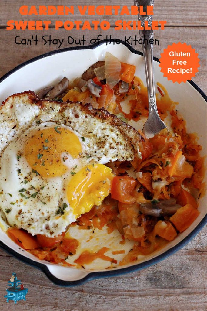 Garden Vegetable Sweet Potato Skillet | Can't Stay Out of the Kitchen | this is a fantastic #BreakfastSkillet #recipe that's #vegetarian. It includes lots of veggies including #SweetPotatoes, #tomatoes, #broccoli & #mushrooms along with #MontereyJack & #CheddarCheese. Along with #eggs this makes for one hearty, healthy and deliciously satisfying #breakfast entree. Great for a weekend, company or #holiday breakfast or #brunch. #SkilletBreakfast #HolidayBreakfast #MeatlessMonday #GlutenFree #GardenVegetableSweetPotatoSkillet
