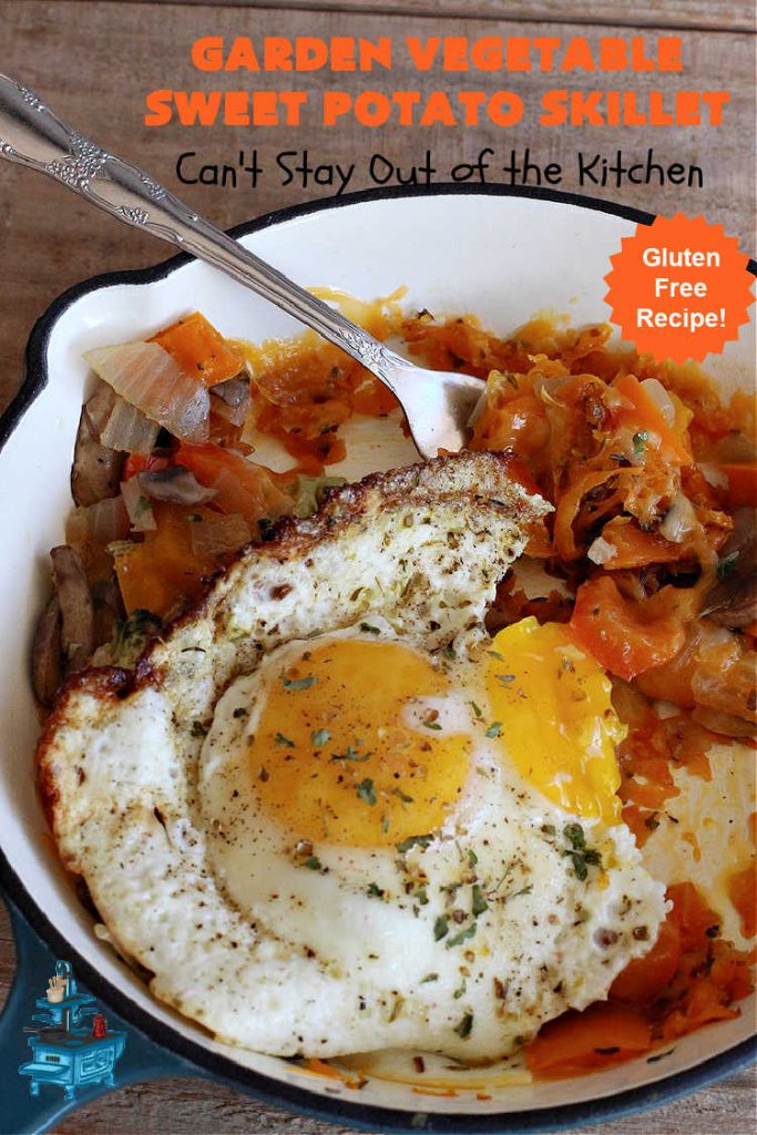 Garden Vegetable Sweet Potato Skillet | Can't Stay Out of the Kitchen | this is a fantastic #BreakfastSkillet #recipe that's #vegetarian. It includes lots of veggies including #SweetPotatoes, #tomatoes, #broccoli & #mushrooms along with #MontereyJack & #CheddarCheese. Along with #eggs this makes for one hearty, healthy and deliciously satisfying #breakfast entree. Great for a weekend, company or #holiday breakfast or #brunch. #SkilletBreakfast #HolidayBreakfast #MeatlessMonday #GlutenFree #GardenVegetableSweetPotatoSkillet