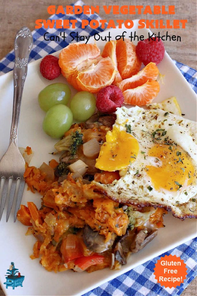 Garden Vegetable Sweet Potato Skillet | Can't Stay Out of the Kitchen | this is a fantastic #BreakfastSkillet #recipe that's #vegetarian. It includes lots of veggies including #SweetPotatoes, #tomatoes, #broccoli & #mushrooms along with #MontereyJack & #CheddarCheese. Along with #eggs this makes for one hearty, healthy and deliciously satisfying #breakfast entree. Great for a weekend, company or #holiday breakfast or #brunch. #SkilletBreakfast #HolidayBreakfast #MeatlessMonday #GlutenFree #GardenVegetableSweetPotatoSkillet