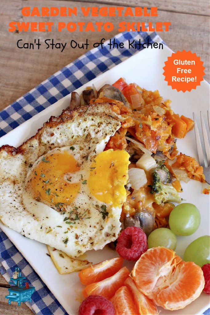 Garden Vegetable Sweet Potato Skillet | Can't Stay Out of the Kitchen | this is a fantastic #BreakfastSkillet #recipe that's #vegetarian. It includes lots of veggies including #SweetPotatoes, #tomatoes, #broccoli & #mushrooms along with #MontereyJack & #CheddarCheese. Along with #eggs this makes for one hearty, healthy and deliciously satisfying #breakfast entree. Great for a weekend, company or #holiday breakfast or #brunch. #SkilletBreakfast #HolidayBreakfast #MeatlessMonday #GlutenFree #GardenVegetableSweetPotatoSkillet
