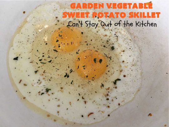 Garden Vegetable Sweet Potato Skillet | Can't Stay Out of the Kitchen | this is a fantastic #BreakfastSkillet #recipe that's #vegetarian. It includes lots of veggies including #SweetPotatoes, #tomatoes, #broccoli & #mushrooms along with #MontereyJack & #CheddarCheese. Along with #eggs this makes for one hearty, healthy and deliciously satisfying #breakfast entree. Great for a weekend, company or #holiday breakfast or #brunch. #SkilletBreakfast #HolidayBreakfast #MeatlessMonday #GlutenFree #GardenVegetableSweetPotatoSkillet