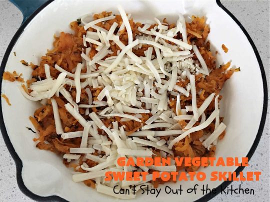 Garden Vegetable Sweet Potato Skillet | Can't Stay Out of the Kitchen | this is a fantastic #BreakfastSkillet #recipe that's #vegetarian. It includes lots of veggies including #SweetPotatoes, #tomatoes, #broccoli & #mushrooms along with #MontereyJack & #CheddarCheese. Along with #eggs this makes for one hearty, healthy and deliciously satisfying #breakfast entree. Great for a weekend, company or #holiday breakfast or #brunch. #SkilletBreakfast #HolidayBreakfast #MeatlessMonday #GlutenFree #GardenVegetableSweetPotatoSkillet