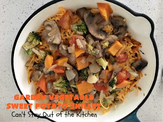 Garden Vegetable Sweet Potato Skillet | Can't Stay Out of the Kitchen | this is a fantastic #BreakfastSkillet #recipe that's #vegetarian. It includes lots of veggies including #SweetPotatoes, #tomatoes, #broccoli & #mushrooms along with #MontereyJack & #CheddarCheese. Along with #eggs this makes for one hearty, healthy and deliciously satisfying #breakfast entree. Great for a weekend, company or #holiday breakfast or #brunch. #SkilletBreakfast #HolidayBreakfast #MeatlessMonday #GlutenFree #GardenVegetableSweetPotatoSkillet