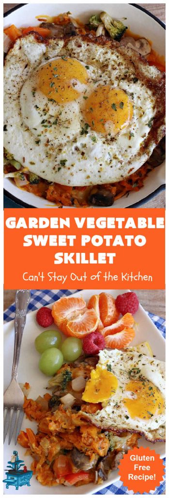 Garden Vegetable Sweet Potato Skillet | Can't Stay Out of the Kitchen | this is a fantastic #BreakfastSkillet #recipe that's #vegetarian. It includes lots of veggies including #SweetPotatoes, #tomatoes, #broccoli & #mushrooms along with #MontereyJack & #CheddarCheese. Along with #eggs this makes for one hearty, healthy and deliciously satisfying #breakfast entree. Great for a weekend, company or #holiday breakfast or #brunch. #SkilletBreakfast #HolidayBreakfast #MeatlessMonday #GlutenFree #GardenVegetableSweetPotatoSkillet