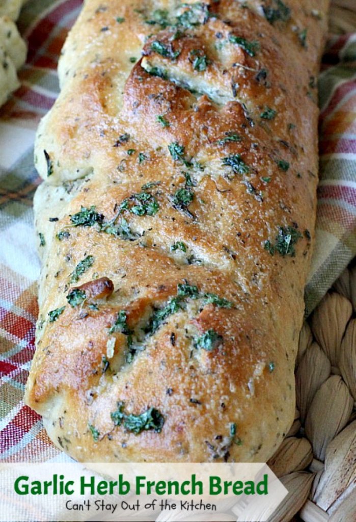 Garlic Herb French Bread | Can't Stay Out of the Kitchen | This is the best homemade #frenchbread you'll ever eat! Filled with all kinds of herbs and garlic, this bread is a great side for anything #Italian. #bread