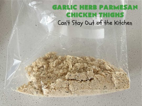 Garlic Herb Parmesan Chicken Thighs | Can't Stay Out of the Kitchen | this incredibly easy #recipe uses only 3 ingredients! It's perfect for weeknight dinners when you're short on time. So easy to make & so delectable to the taste buds! Great for company dinners too! #chicken #ChickenThighs #ParmesanCheese #GarlicHerbParmesanChickenThighs