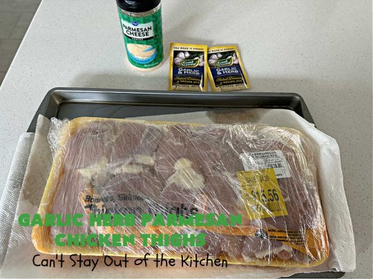 Garlic Herb Parmesan Chicken Thighs | Can't Stay Out of the Kitchen | this incredibly easy #recipe uses only 3 ingredients! It's perfect for weeknight dinners when you're short on time. So easy to make & so delectable to the taste buds! Great for company dinners too! #chicken #ChickenThighs #ParmesanCheese #GarlicHerbParmesanChickenThighs
