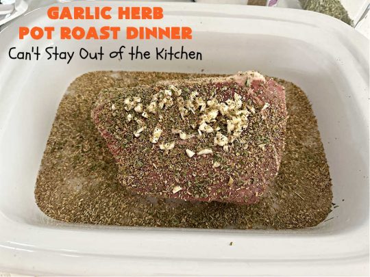 Garlic Herb Pot Roast Dinner | Can't Stay Out of the Kitchen | this easy one-dish #dinner idea is so simple since it's all tossed together in the #SlowCooker. #Beef #potatoes #carrots #PotRoast #ButternutSquash #GreenBeans #GlutenFree #healthy #LowCalorie #OneDishMeal #GarlicHerbPotRoastDinner #crockpot