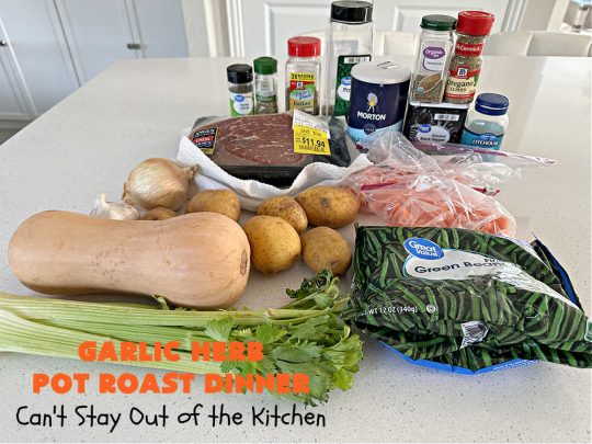 Garlic Herb Pot Roast Dinner | Can't Stay Out of the Kitchen | this easy one-dish #dinner idea is so simple since it's all tossed together in the #SlowCooker. #Beef #potatoes #carrots #PotRoast #ButternutSquash #GreenBeans #GlutenFree #healthy #LowCalorie #OneDishMeal #GarlicHerbPotRoastDinner #crockpot