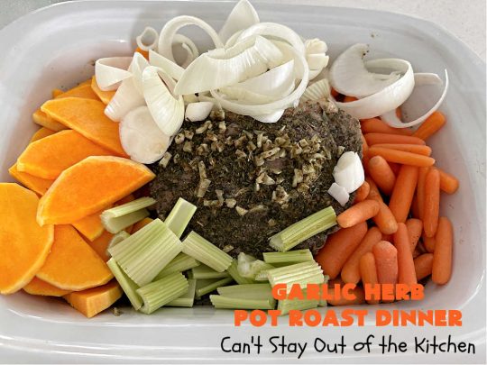 Garlic Herb Pot Roast Dinner | Can't Stay Out of the Kitchen | this easy one-dish #dinner idea is so simple since it's all tossed together in the #SlowCooker. #Beef #potatoes #carrots #PotRoast #ButternutSquash #GreenBeans #GlutenFree #healthy #LowCalorie #OneDishMeal #GarlicHerbPotRoastDinner #crockpotGarlic Herb Pot Roast Dinner | Can't Stay Out of the Kitchen | this easy one-dish #dinner idea is so simple since it's all tossed together in the #SlowCooker. #Beef #potatoes #carrots #PotRoast #ButternutSquash #GreenBeans #GlutenFree #healthy #LowCalorie #OneDishMeal #GarlicHerbPotRoastDinner #crockpot