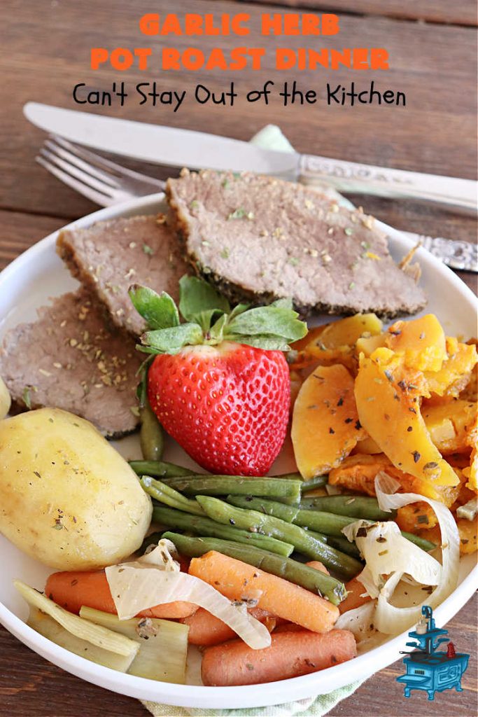 Garlic Herb Pot Roast Dinner | Can't Stay Out of the Kitchen | this easy one-dish #dinner idea is so simple since it's all tossed together in the #SlowCooker. #Beef #potatoes #carrots #PotRoast #ButternutSquash #GreenBeans #GlutenFree #healthy #LowCalorie #OneDishMeal #GarlicHerbPotRoastDinner #crockpot