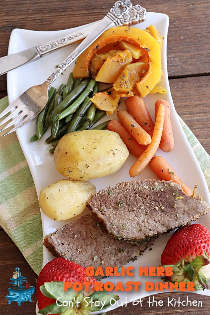 Garlic Herb Pot Roast Dinner | Can't Stay Out of the Kitchen | this easy one-dish #dinner idea is so simple since it's all tossed together in the #SlowCooker. #Beef #potatoes #carrots #PotRoast #ButternutSquash #GreenBeans #GlutenFree #healthy #LowCalorie #OneDishMeal #GarlicHerbPotRoastDinner #crockpot