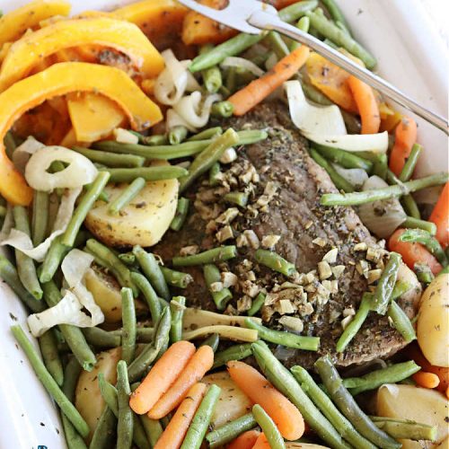 Garlic Herb Pot Roast Dinner | Can't Stay Out of the Kitchen | this easy one-dish #dinner idea is so simple since it's all tossed together in the #SlowCooker. #Beef #potatoes #carrots #PotRoast #ButternutSquash #GreenBeans #GlutenFree #healthy #LowCalorie #OneDishMeal #GarlicHerbPotRoastDinner #crockpot