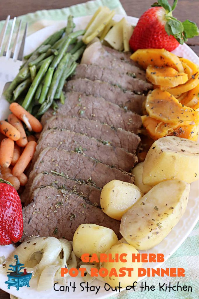 Garlic Herb Pot Roast Dinner | Can't Stay Out of the Kitchen | this easy one-dish #dinner idea is so simple since it's all tossed together in the #SlowCooker. #Beef #potatoes #carrots #PotRoast #ButternutSquash #GreenBeans #GlutenFree #healthy #LowCalorie #OneDishMeal #GarlicHerbPotRoastDinner #crockpot