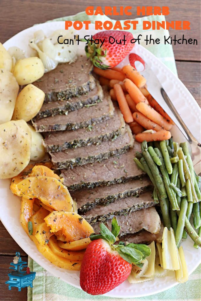 Garlic Herb Pot Roast Dinner | Can't Stay Out of the Kitchen | this easy one-dish #dinner idea is so simple since it's all tossed together in the #SlowCooker. #Beef #potatoes #carrots #PotRoast #ButternutSquash #GreenBeans #GlutenFree #healthy #LowCalorie #OneDishMeal #GarlicHerbPotRoastDinner #crockpot