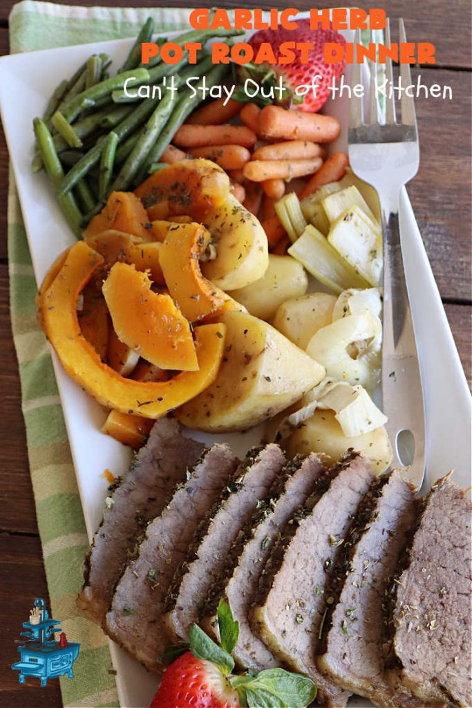 Garlic Herb Pot Roast Dinner | Can't Stay Out of the Kitchen | this easy one-dish #dinner idea is so simple since it's all tossed together in the #SlowCooker. #Beef #potatoes #carrots #PotRoast #ButternutSquash #GreenBeans #GlutenFree #healthy #LowCalorie #OneDishMeal #GarlicHerbPotRoastDinner #crockpot