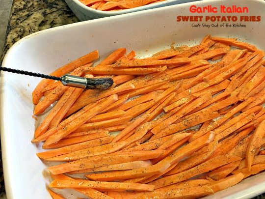 Garlic Italian Sweet Potato Fries | Can't Stay Out of the Kitchen | one of my favorite ways to prepare #sweetpotatoes. Awesome side dish that's great for the #holidays, too. #glutenfree #vegan