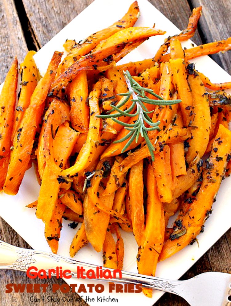 Garlic Italian Sweet Potato Fries | Can't Stay Out of the Kitchen | one of my favorite ways to prepare #sweetpotatoes. Awesome side dish that's great for the #holidays, too. #glutenfree #vegan