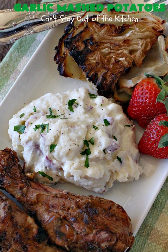 Garlic Mashed Potatoes | Can't Stay Out of the Kitchen | this is the best #recipe for #GarlicMashedPotatoes ever! Easy, yet so scrumptious you'll be drooling over every bite. Terrific for company or #holiday dinners like #Easter, #MothersDay or #FathersDay. #garlic #GlutenFree #SideDish #MashedPotatoes #HolidaySideDish