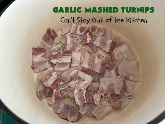 Garlic Mashed Turnips | Can't Stay Out of the Kitchen | this fabulous #SideDish is made like #GarlicMashedPotatoes but with #turnips instead. It also includes #bacon which adds a savory deliciousness that can' be beat. Terrific accompaniment for #Christmas, #Easter or #Thanksgiving dinners, company dinners or for #steak, #chicken or #pork. #garlic #GlutenFree #GarlicMashedTurnips