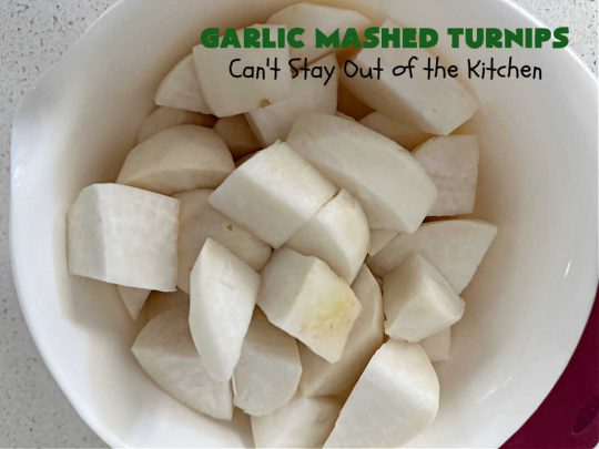 Garlic Mashed Turnips | Can't Stay Out of the Kitchen | this fabulous #SideDish is made like #GarlicMashedPotatoes but with #turnips instead. It also includes #bacon which adds a savory deliciousness that can' be beat. Terrific accompaniment for #Christmas, #Easter or #Thanksgiving dinners, company dinners or for #steak, #chicken or #pork. #garlic #GlutenFree #GarlicMashedTurnips
