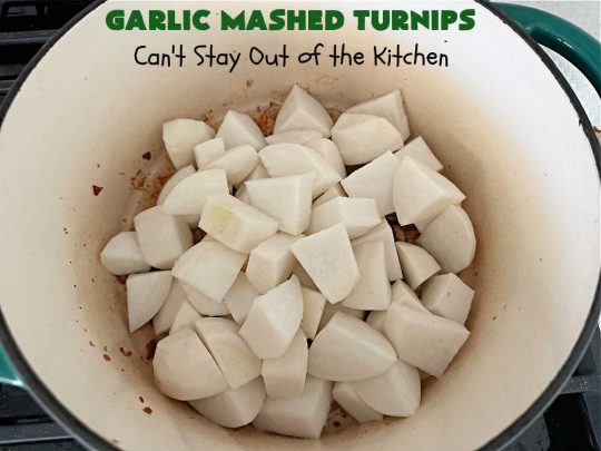 Garlic Mashed Turnips | Can't Stay Out of the Kitchen | this fabulous #SideDish is made like #GarlicMashedPotatoes but with #turnips instead. It also includes #bacon which adds a savory deliciousness that can' be beat. Terrific accompaniment for #Christmas, #Easter or #Thanksgiving dinners, company dinners or for #steak, #chicken or #pork. #garlic #GlutenFree #GarlicMashedTurnips