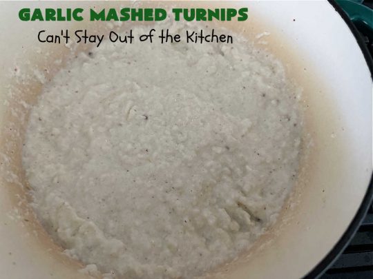 Garlic Mashed Turnips | Can't Stay Out of the Kitchen | this fabulous #SideDish is made like #GarlicMashedPotatoes but with #turnips instead. It also includes #bacon which adds a savory deliciousness that can' be beat. Terrific accompaniment for #Christmas, #Easter or #Thanksgiving dinners, company dinners or for #steak, #chicken or #pork. #garlic #GlutenFree #GarlicMashedTurnips