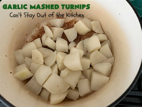 Garlic Mashed Turnips | Can't Stay Out of the Kitchen | this fabulous #SideDish is made like #GarlicMashedPotatoes but with #turnips instead. It also includes #bacon which adds a savory deliciousness that can' be beat. Terrific accompaniment for #Christmas, #Easter or #Thanksgiving dinners, company dinners or for #steak, #chicken or #pork. #garlic #GlutenFree #GarlicMashedTurnips