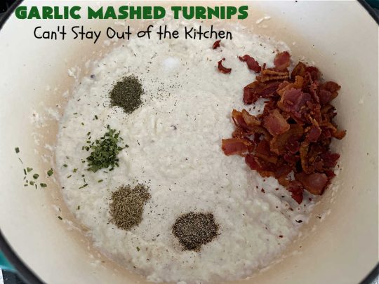 Garlic Mashed Turnips | Can't Stay Out of the Kitchen | this fabulous #SideDish is made like #GarlicMashedPotatoes but with #turnips instead. It also includes #bacon which adds a savory deliciousness that can' be beat. Terrific accompaniment for #Christmas, #Easter or #Thanksgiving dinners, company dinners or for #steak, #chicken or #pork. #garlic #GlutenFree #GarlicMashedTurnips