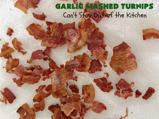 Garlic Mashed Turnips | Can't Stay Out of the Kitchen | this fabulous #SideDish is made like #GarlicMashedPotatoes but with #turnips instead. It also includes #bacon which adds a savory deliciousness that can' be beat. Terrific accompaniment for #Christmas, #Easter or #Thanksgiving dinners, company dinners or for #steak, #chicken or #pork. #garlic #GlutenFree #GarlicMashedTurnips