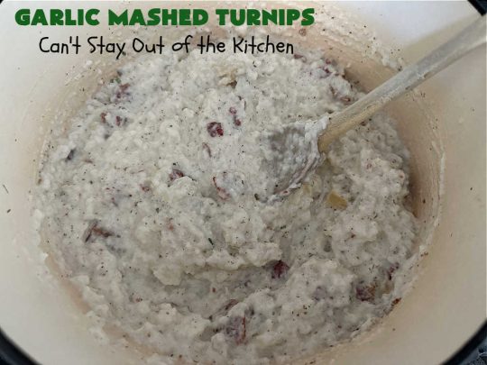 Garlic Mashed Turnips | Can't Stay Out of the Kitchen | this fabulous #SideDish is made like #GarlicMashedPotatoes but with #turnips instead. It also includes #bacon which adds a savory deliciousness that can' be beat. Terrific accompaniment for #Christmas, #Easter or #Thanksgiving dinners, company dinners or for #steak, #chicken or #pork. #garlic #GlutenFree #GarlicMashedTurnips