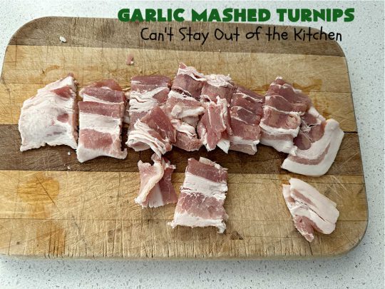 Garlic Mashed Turnips | Can't Stay Out of the Kitchen | this fabulous #SideDish is made like #GarlicMashedPotatoes but with #turnips instead. It also includes #bacon which adds a savory deliciousness that can' be beat. Terrific accompaniment for #Christmas, #Easter or #Thanksgiving dinners, company dinners or for #steak, #chicken or #pork. #garlic #GlutenFree #GarlicMashedTurnips