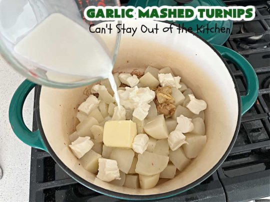 Garlic Mashed Turnips | Can't Stay Out of the Kitchen | this fabulous #SideDish is made like #GarlicMashedPotatoes but with #turnips instead. It also includes #bacon which adds a savory deliciousness that can' be beat. Terrific accompaniment for #Christmas, #Easter or #Thanksgiving dinners, company dinners or for #steak, #chicken or #pork. #garlic #GlutenFree #GarlicMashedTurnips