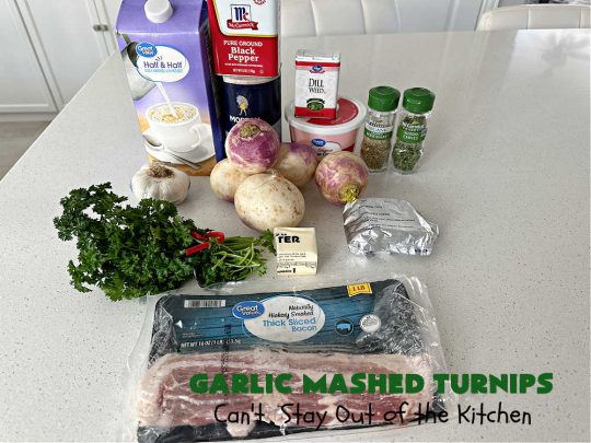 Garlic Mashed Turnips | Can't Stay Out of the Kitchen | this fabulous #SideDish is made like #GarlicMashedPotatoes but with #turnips instead. It also includes #bacon which adds a savory deliciousness that can' be beat. Terrific accompaniment for #Christmas, #Easter or #Thanksgiving dinners, company dinners or for #steak, #chicken or #pork. #garlic #GlutenFree #GarlicMashedTurnips
